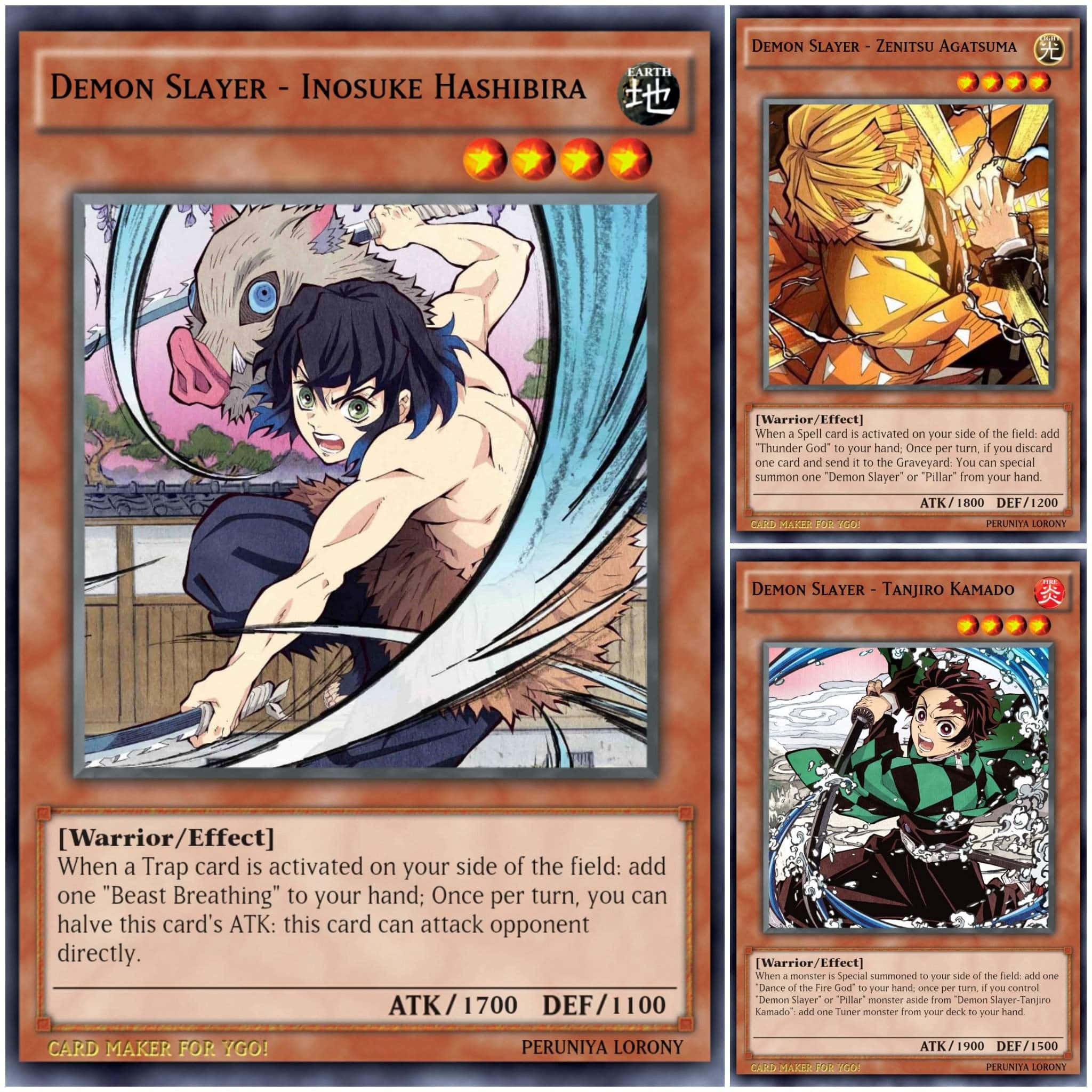 Demon Slayer Corps 桌布 壁紙 — 三張鬼滅之刃集換式卡牌，描繪伊之助、善逸和炭治郎以劍與鬼進行動態動畫動作姿勢。