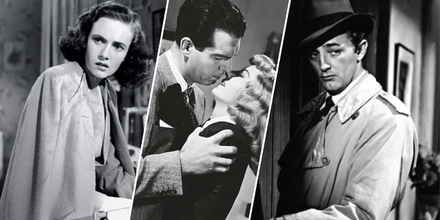 Film Noir 桌布 壁紙 — 三張黑白電影劇照展示了經典荷里活電影中的戲劇性表情和親密時刻。