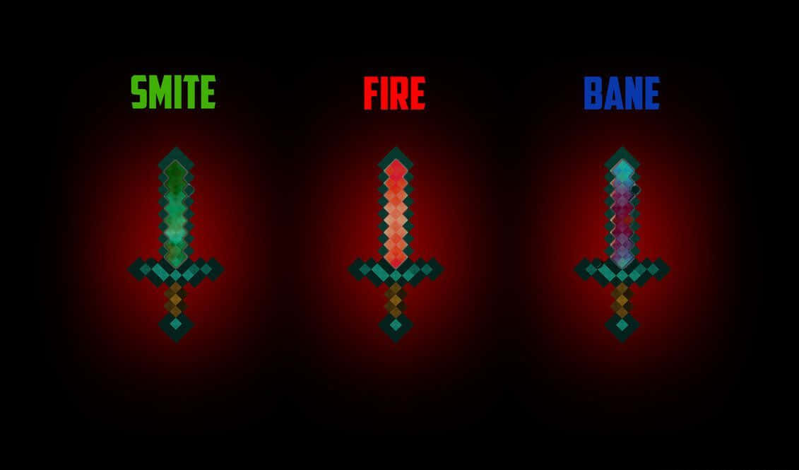 Minecraft Weapons 桌布 壁紙 — 三把像素化的Minecraft劍，標有Smite Fire和Bane，在深紅色背景上發光。