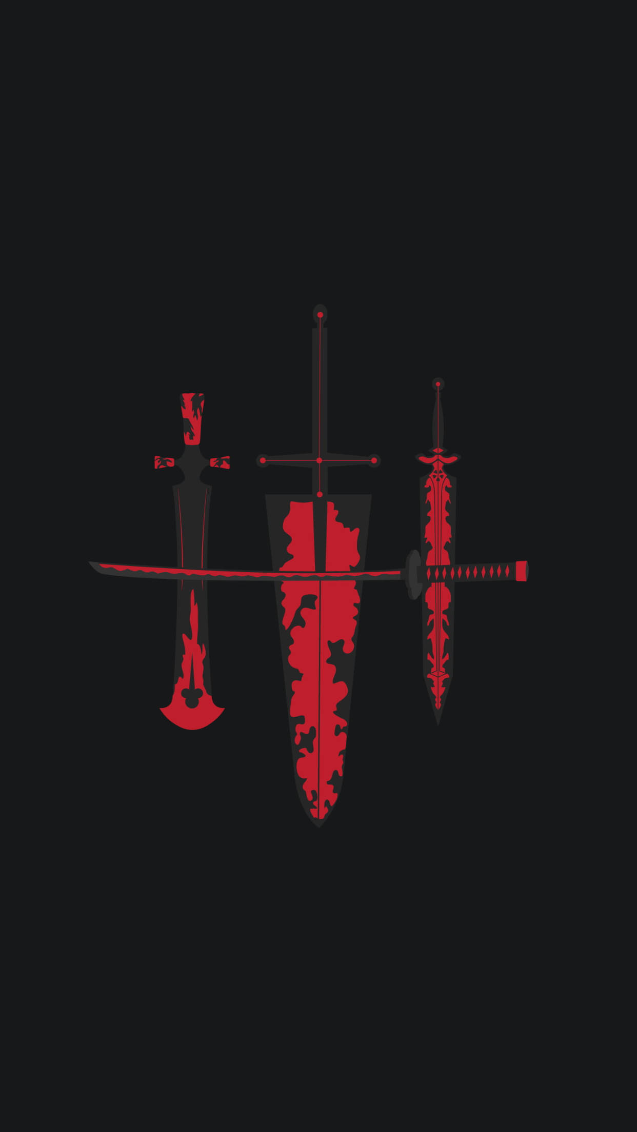 sword 桌布 壁紙 — 三把帶有紅色血跡圖案的風格化劍交叉立在純黑色背景上。