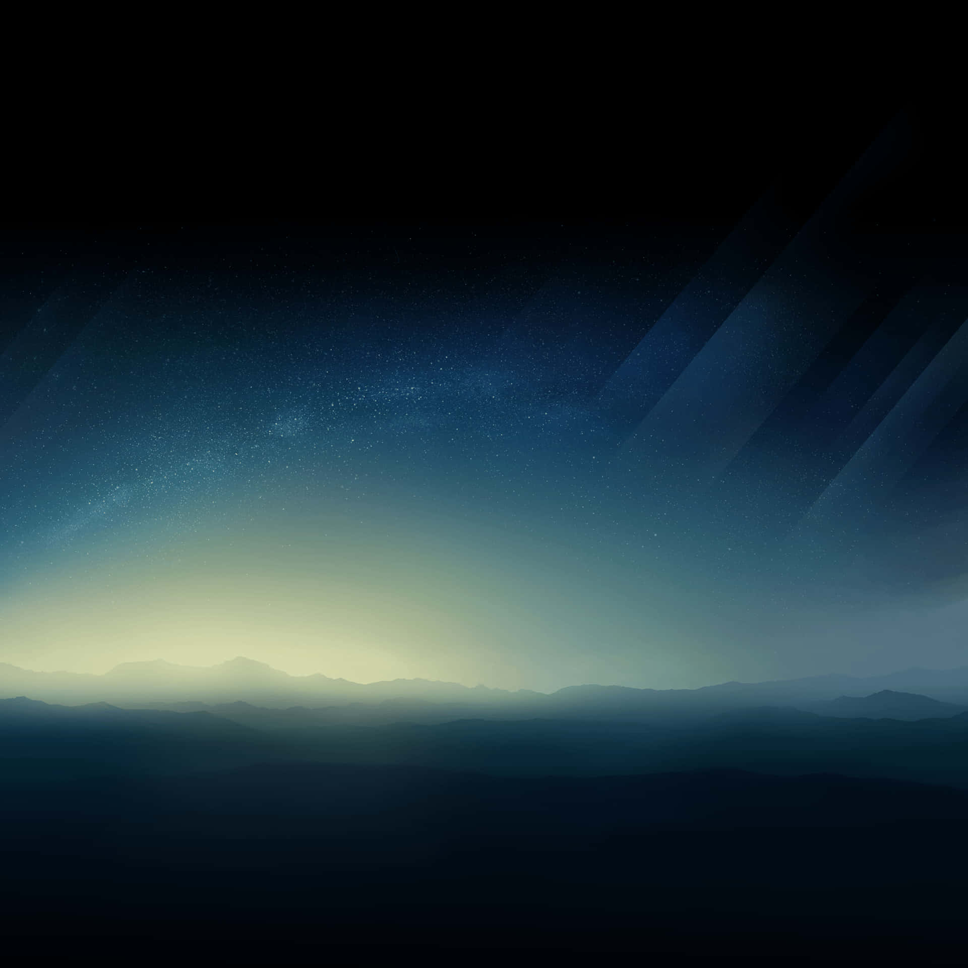 三星 DeX 與發光地平線 壁紙 — 寧靜的夜空，閃爍的銀河在深藍和黑色調的剪影山脈上方拱起。
