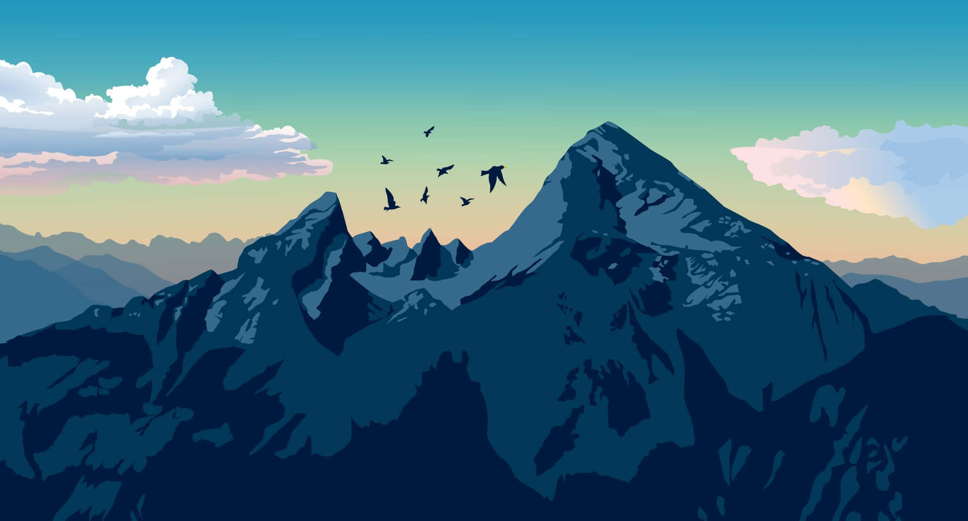 鳥群在日落時分飛越山頂。 — 三星 壁紙