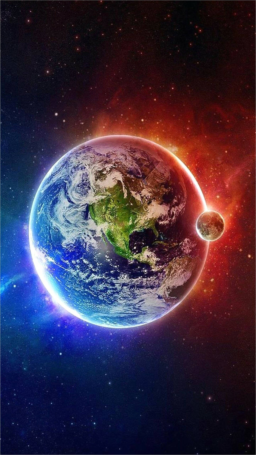 三星 Galaxy 4K 地球與月球紅色版 壁紙 — 地球在熾熱的宇宙星雲和附近的小衛星映照下，散發著藍色海洋和綠色大陸的光芒。