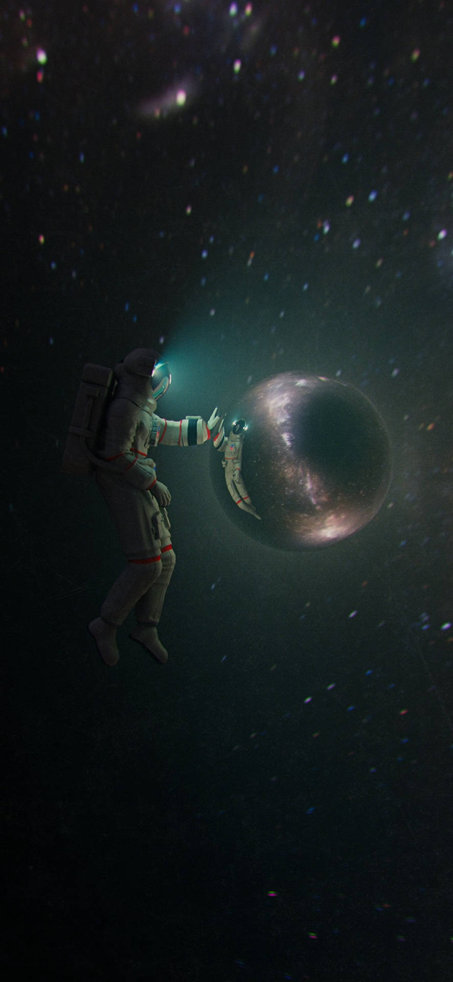 穿著太空衣的太空人在群星中伸手觸及一顆發光行星。
