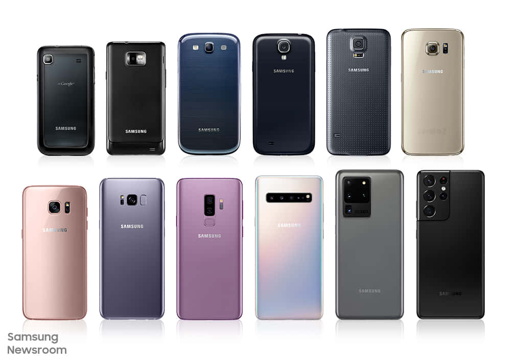 十部不同顏色和型號的三星智能手機排列成網格。 — 三星 Galaxy S22 壁紙