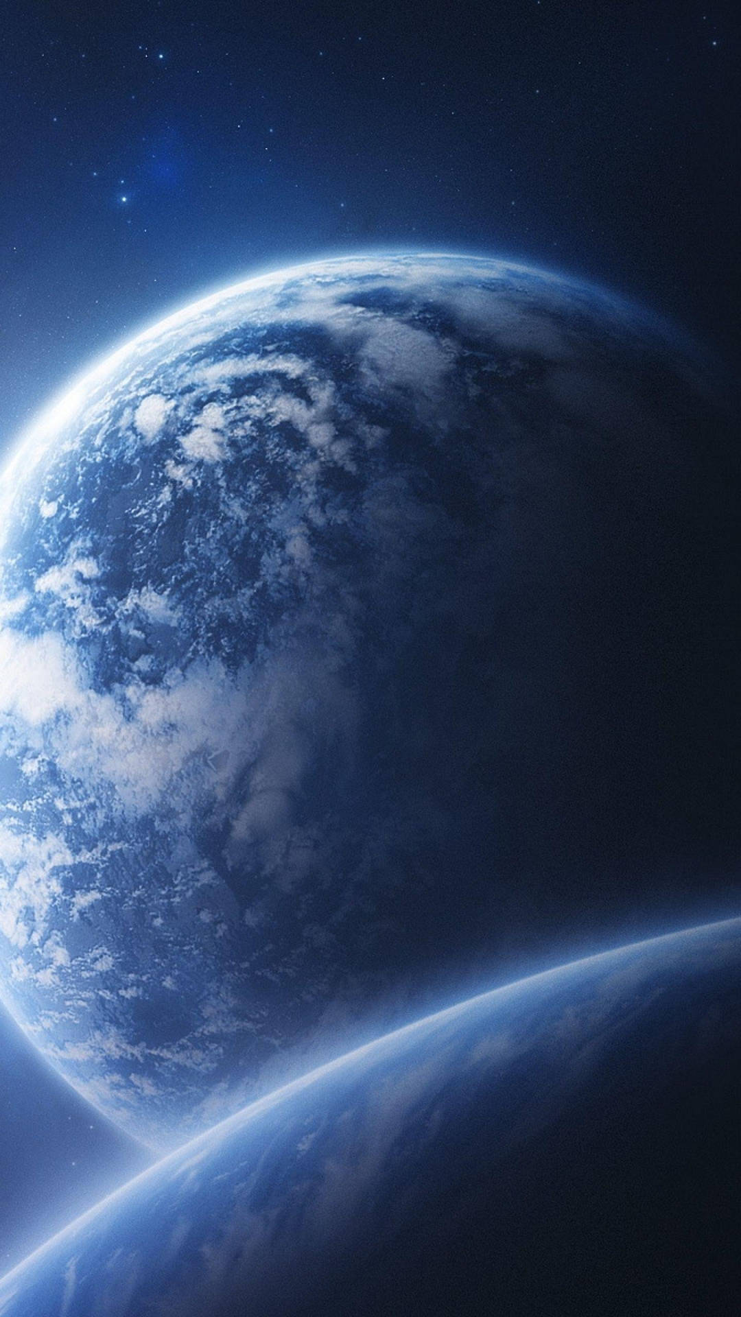 兩顆行星在太空中發出藍色色調和星空背景的光芒。