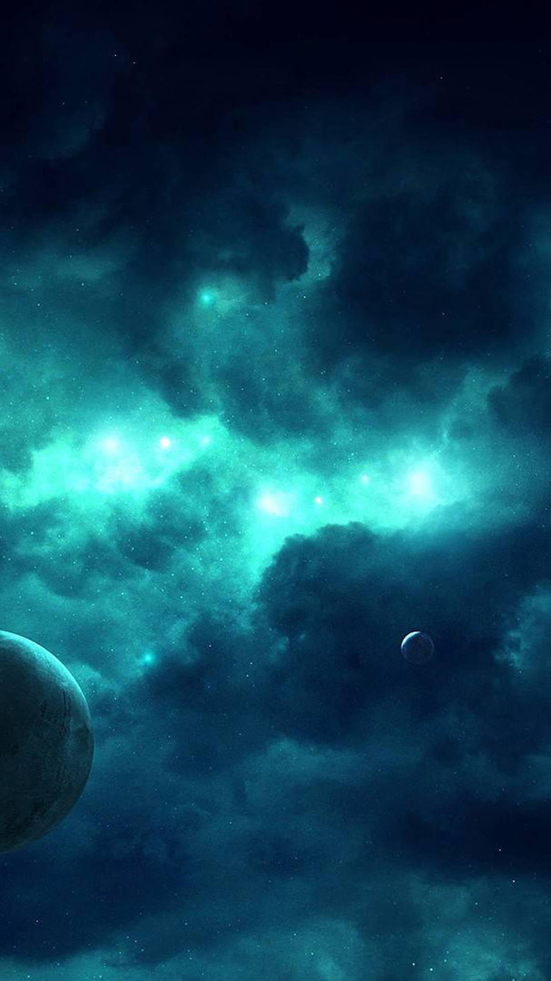 繁星點點的宇宙天空中，青綠色星雲和行星。