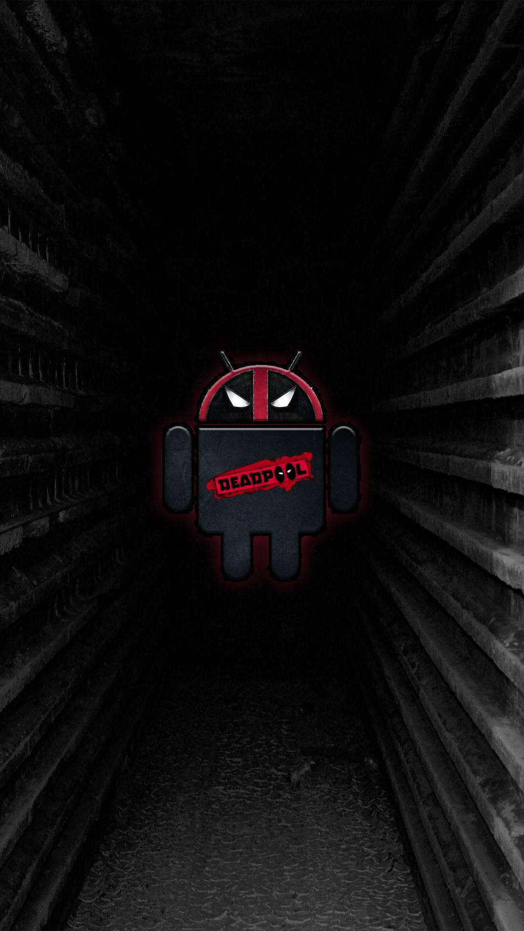 以死侍為主題的Android機械人在黑暗的磚隧道中發出紅光。