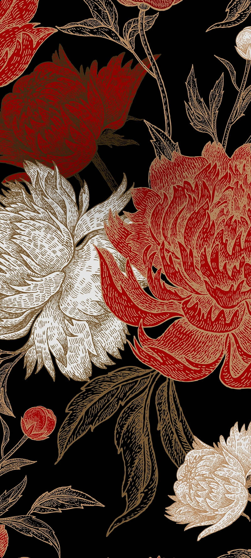 雕刻風格的紅色和奶油色牡丹花，金色花莖，黑色背景