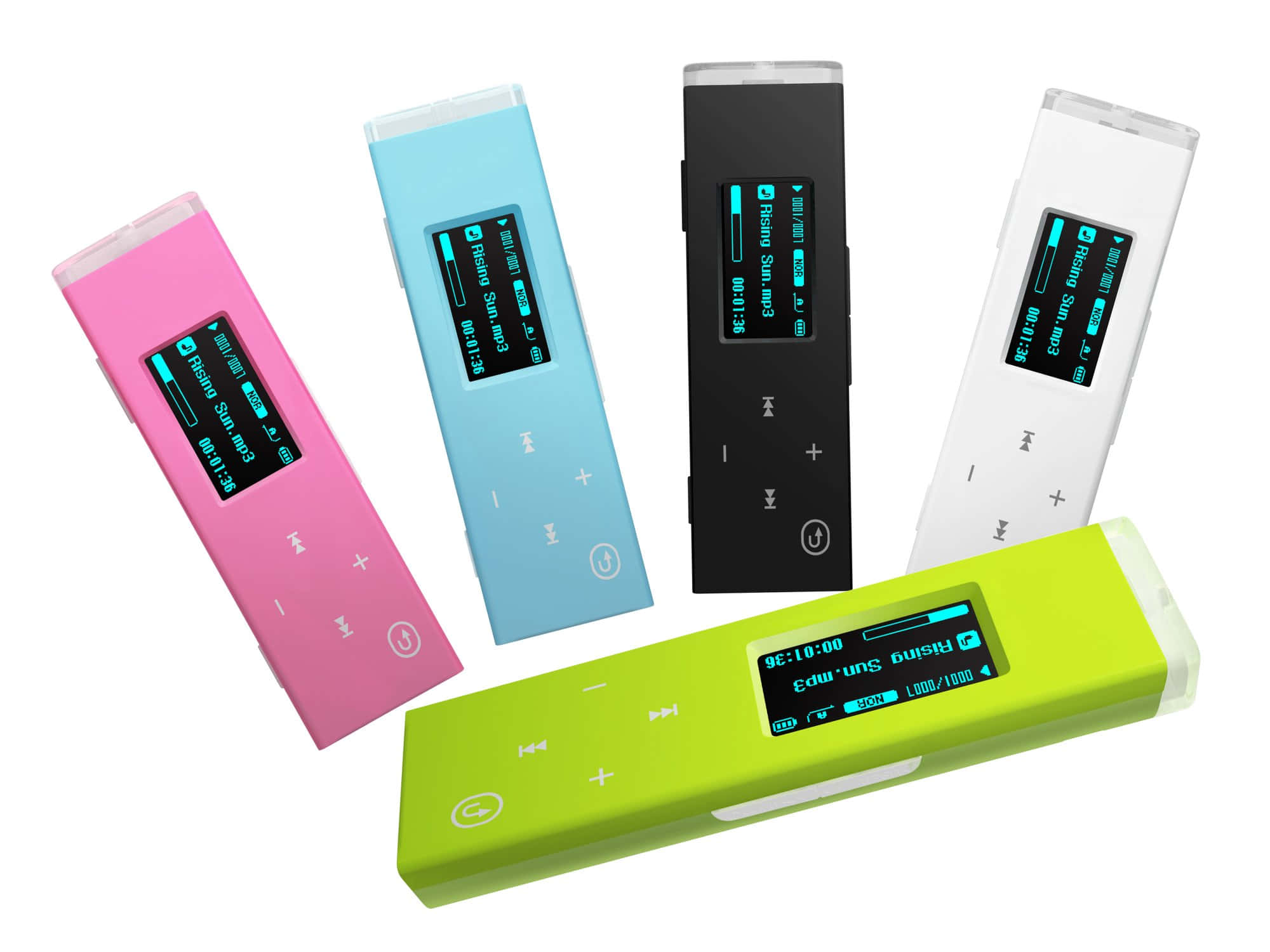 三星MP3播放器圖片 壁紙 — 五款色彩繽紛的長方形MP3播放器，分別為粉紅色、藍色、黑色、白色和青檸綠色，在潔白的背景上顯示音樂播放。