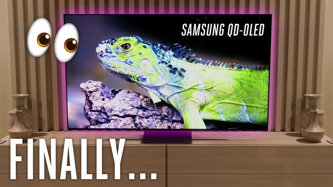 Samsung QD-OLED TV 顯示一隻綠色鬣蜥在岩石上，帶有卡通眼睛和「終於...」文字。
