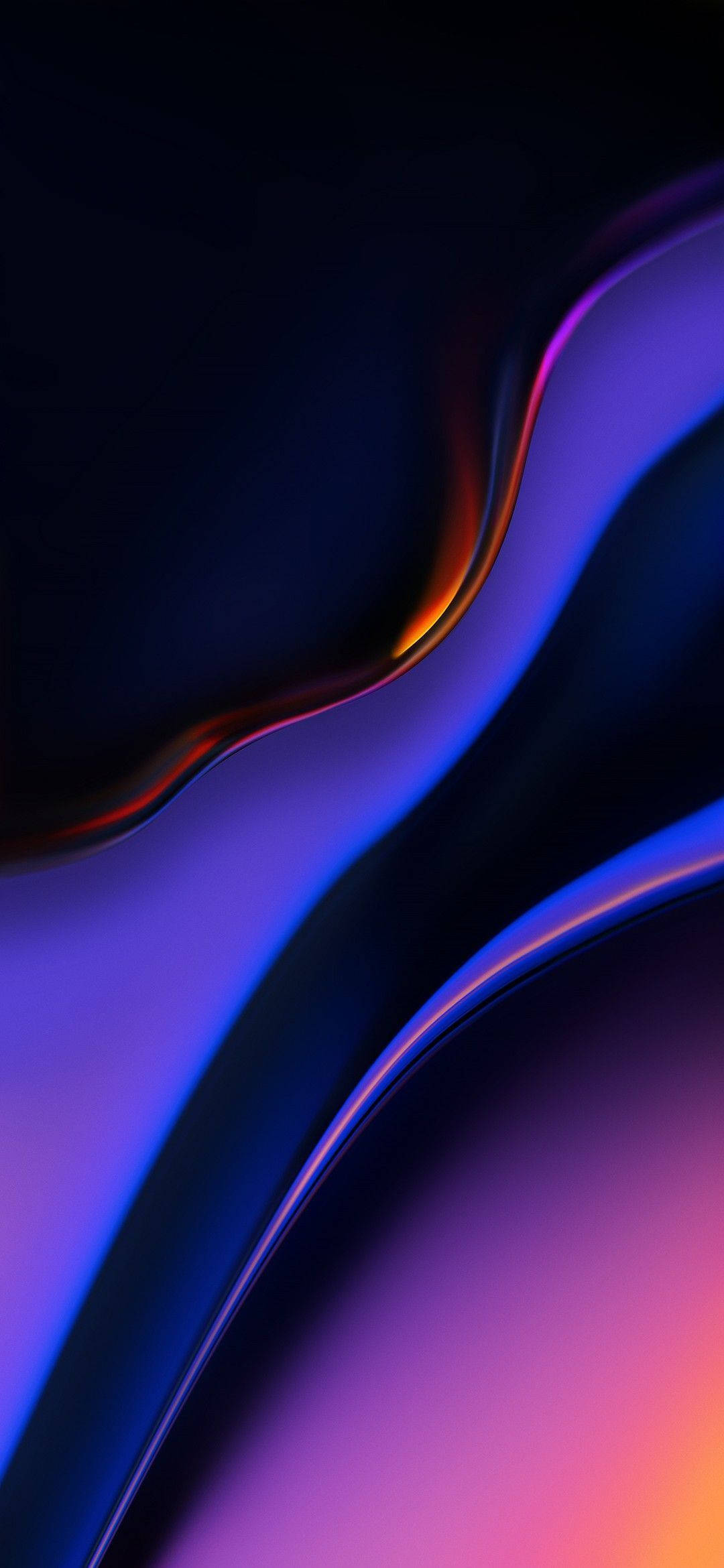三星手機 抽象曲線 壁紙 — 一道深藍與紫色的流暢抽象波浪，帶有發光的橙色亮點，在深色背景上流動。