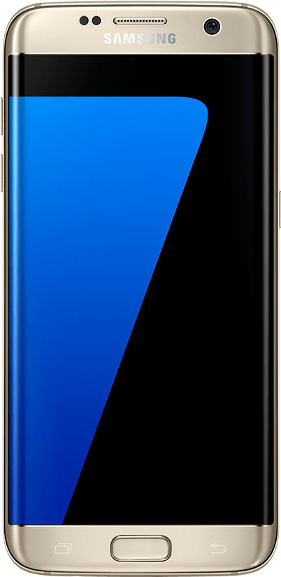 三星智慧手機正面視圖 壁紙 — 一部金色 Samsung Galaxy S7 智能手機，配備彎曲的藍色和黑色漸變屏幕。