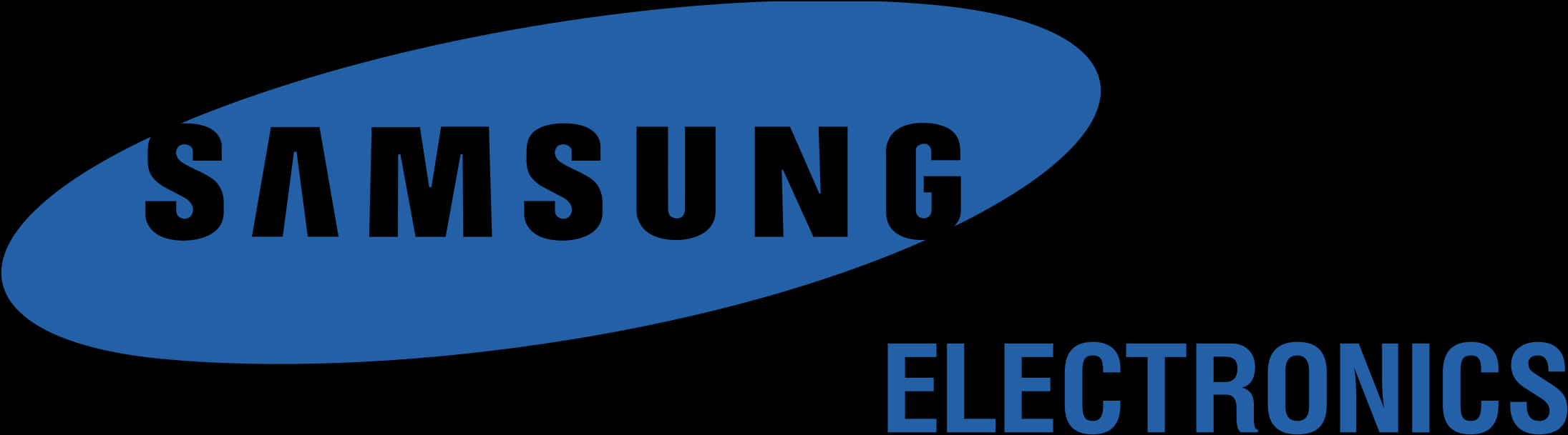 三星電子標誌 壁紙 — Samsung Electronics 標誌，黑色粗體文字位於藍色橢圓形上，背景為黑色。