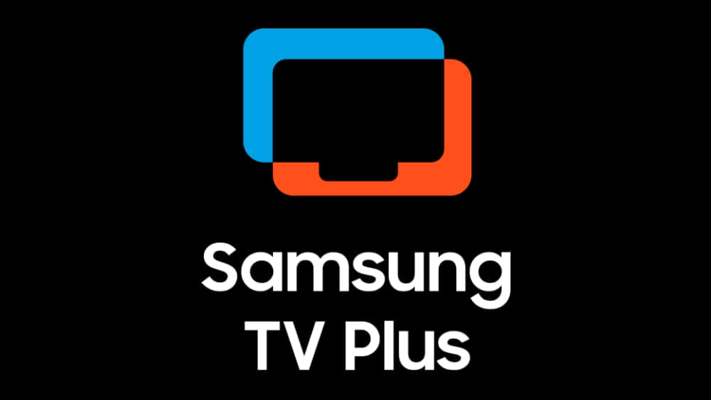 Samsung TV Plus 標誌，黑色背景上有藍色和橙色的形狀。