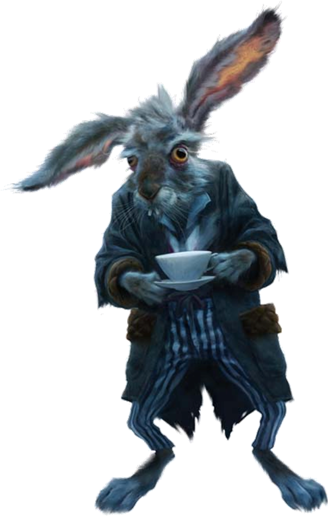 三月兔茶會 壁紙 — 一隻疲憊的擬人化兔子穿著破爛的藍色衣服，在純黑背景上拿著一個白色茶杯。