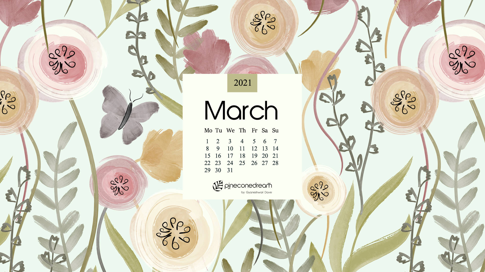 三月寧靜風景 壁紙 — 2021年3月日曆，以柔和花卉背景為中心，配有水彩花朵和蝴蝶。