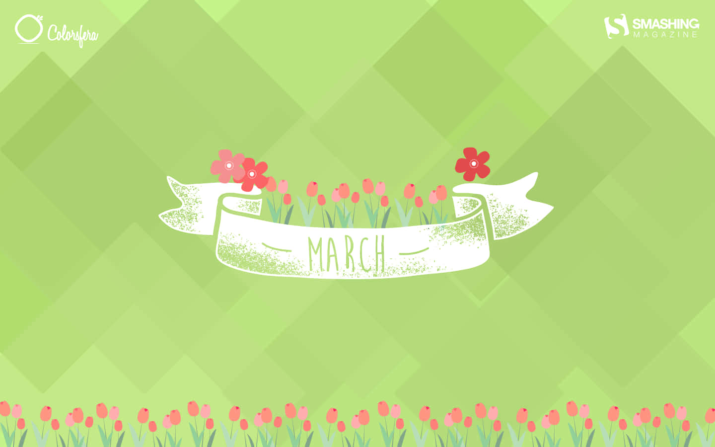 綠色幾何背景上有一個寫著「March」的橫幅，周圍環繞著粉紅色鬱金香和紅色花朵。