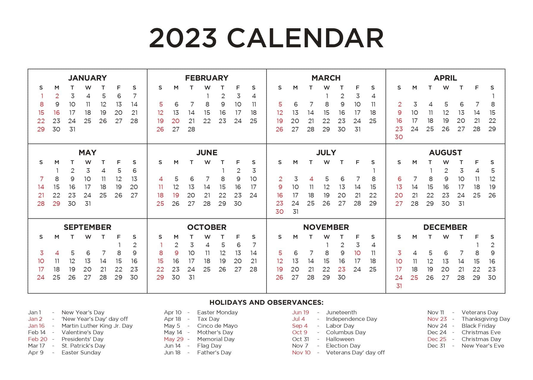 2023年月曆，假期列在每月網格下方。