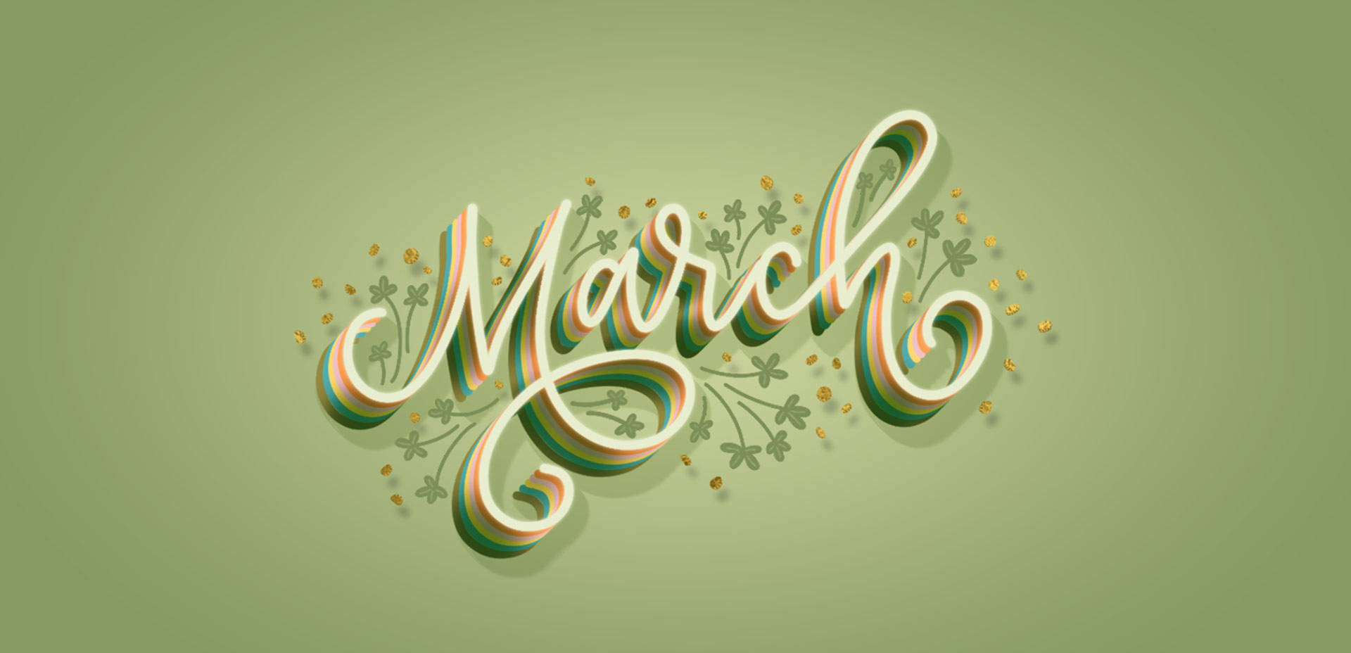 三月數位書法 壁紙 — 「March」一詞以優雅的3D書法呈現，帶有綠色和金色點綴，背景為柔和的橄欖色。