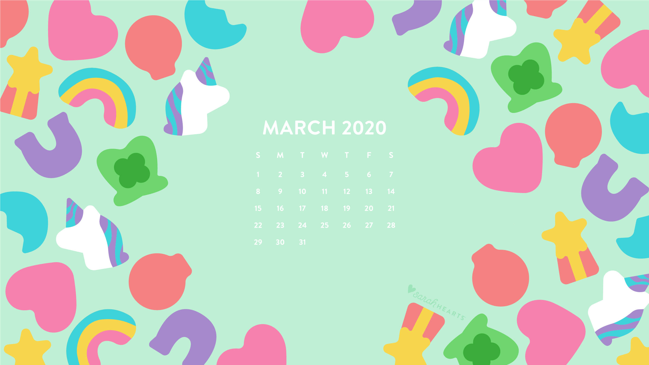 三月曆與剪貼圖 壁紙 — 2020年3月的薄荷綠色月曆，周圍有俏皮的卡通獨角獸、彩虹、心形和星星。