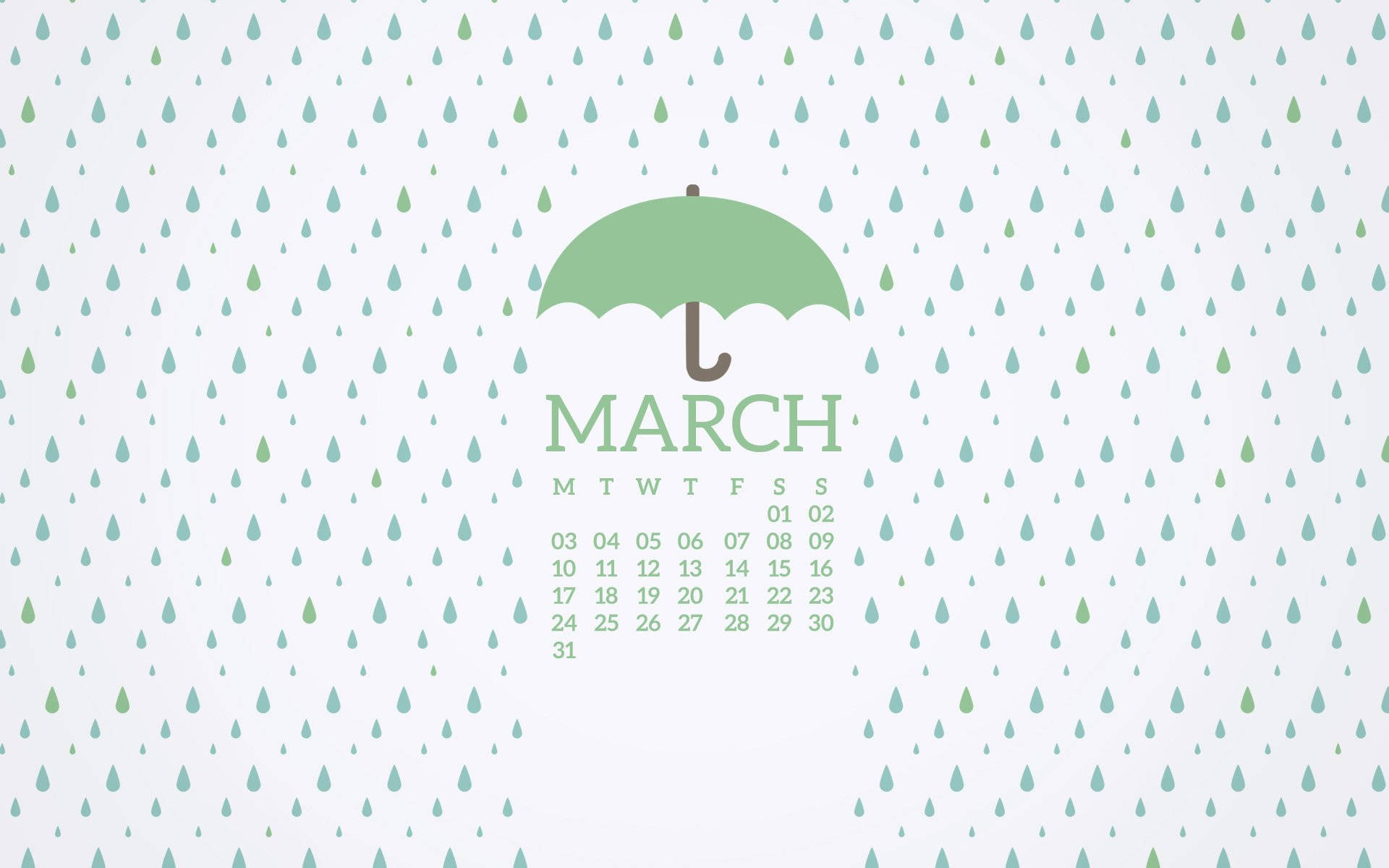 三月曆與雨傘 壁紙 — 一個簡約的三月日曆，綠色雨傘置於淺色背景上落下的雨滴中央。