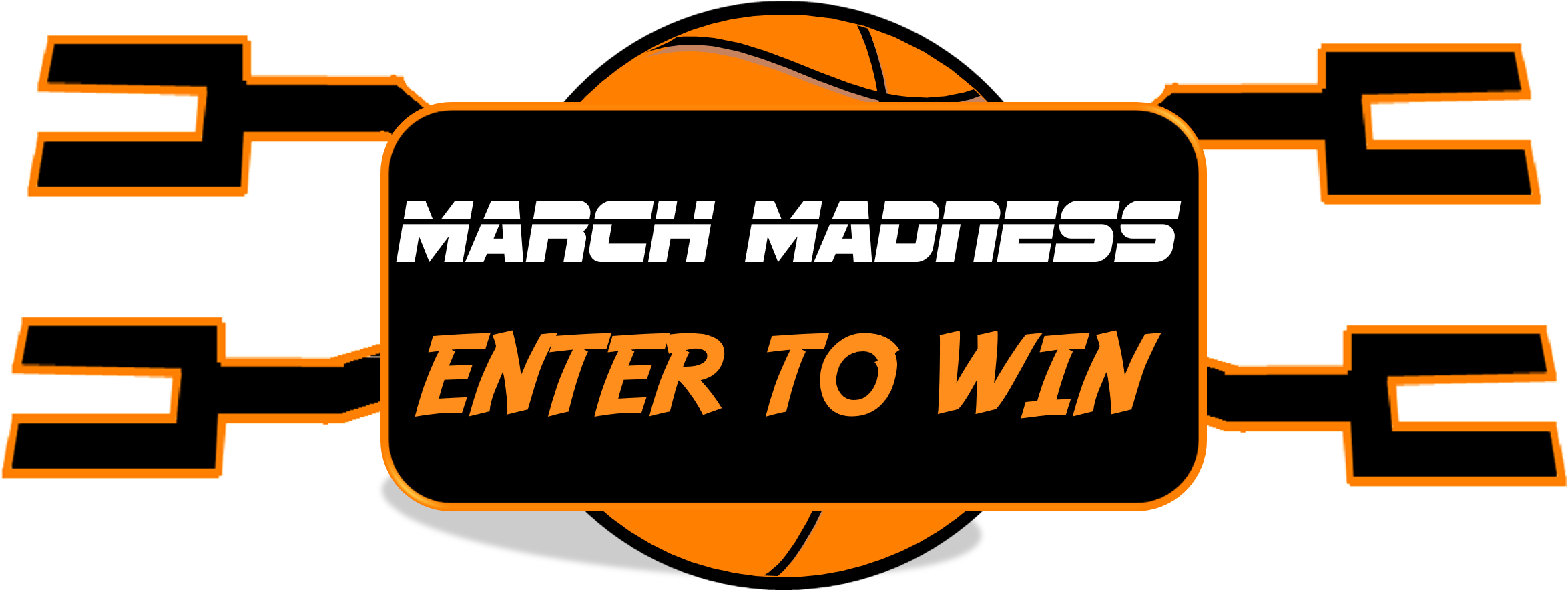 三月瘋狂參與有獎活動橫幅 壁紙 — 大膽的橙色和黑色 March Madness 宣傳圖形，帶有籃球和參加贏取獎品文字。