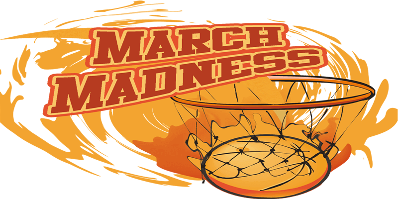 三月瘋狂籃球圖案 壁紙 — 紅色和橙色的粗體「March Madness」文字，配上籃球框和網，背景是火熱的漩渦。