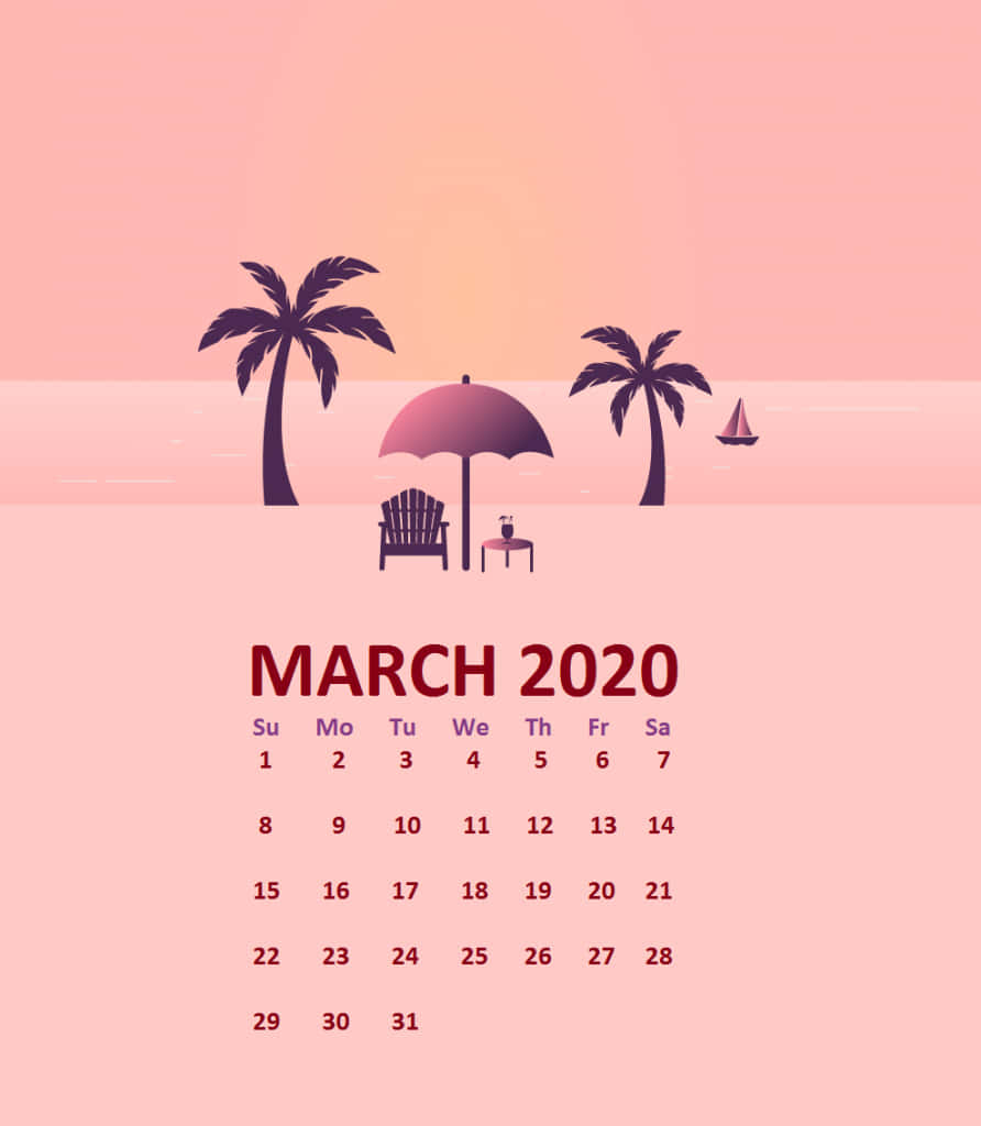 2020年3月日曆，有棕櫚樹、沙灘傘和日落中的帆船。