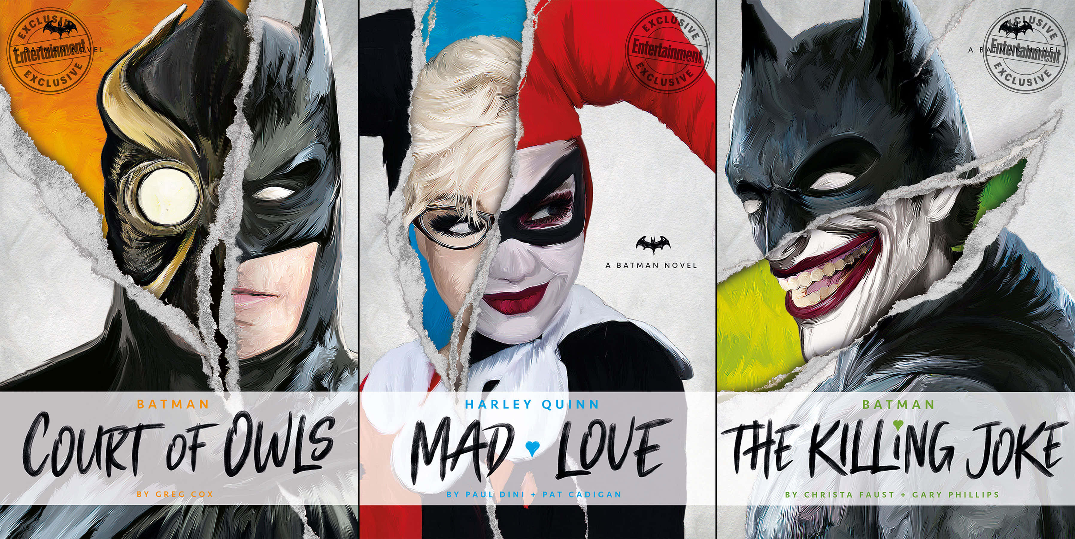The Court Of Owls 桌布 壁紙 — 三本漫畫書封面被撕開，以粗體字型展現蝙蝠俠、哈莉·奎茵和小丑的戲劇性特寫。