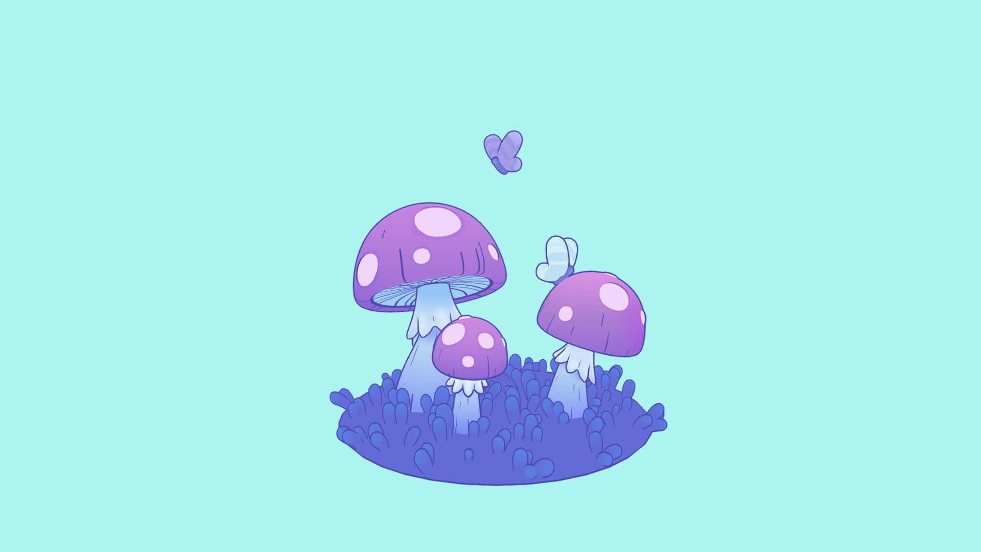 Kawaii Mushroom 桌布 壁紙 — 三朵帶有白色斑點的奇幻紫色蘑菇從一片藍色苔蘚中長出，背景是柔和的青綠色，還有一隻飄浮的蝴蝶。