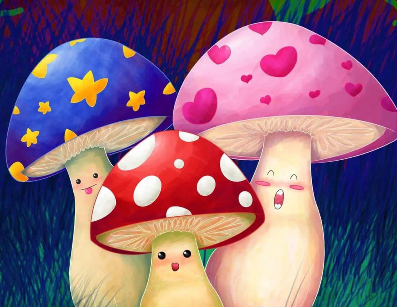Kawaii Mushroom 桌布 壁紙 — 三朵快樂的卡通蘑菇，帶有星星和心形圖案，在充滿活力的紫色背景上燦爛微笑。