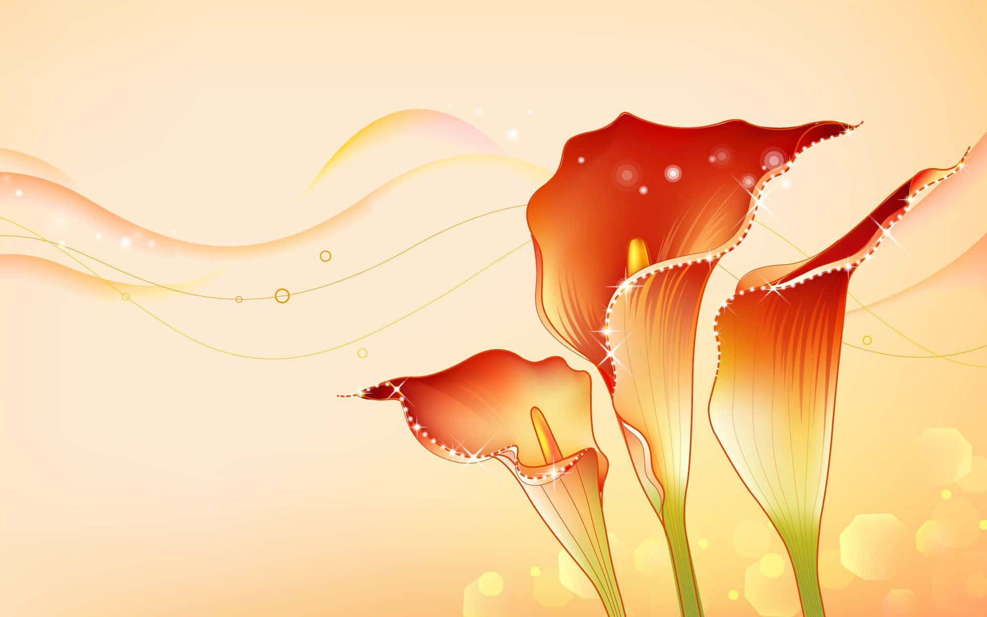 Flower Art 桌布 壁紙 — 三朵發光的紅色馬蹄蓮，邊緣閃爍，漂浮在溫暖的金色漸變背景上，帶有流動的光跡。