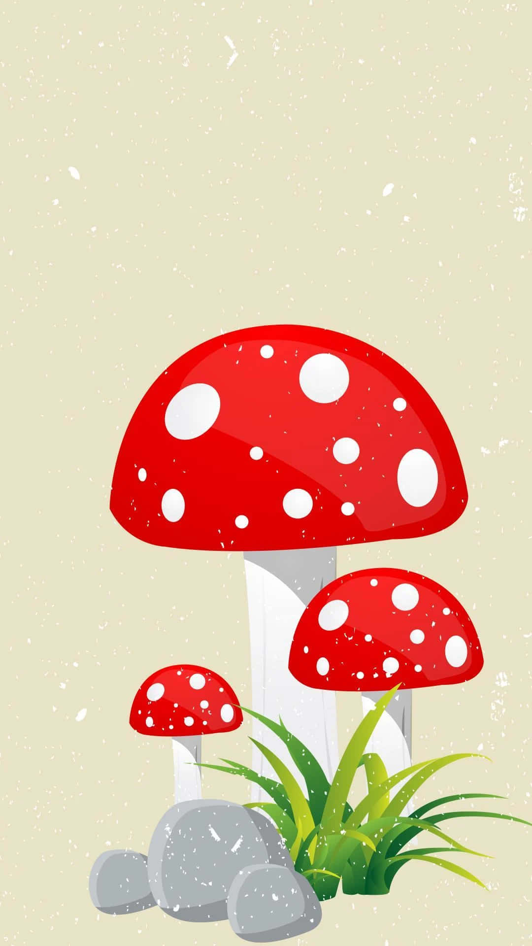 Kawaii Mushroom 桌布 壁紙 — 三朵紅色和白色斑點蘑菇生長在綠色草地和灰色岩石旁邊，背景是斑點米色。