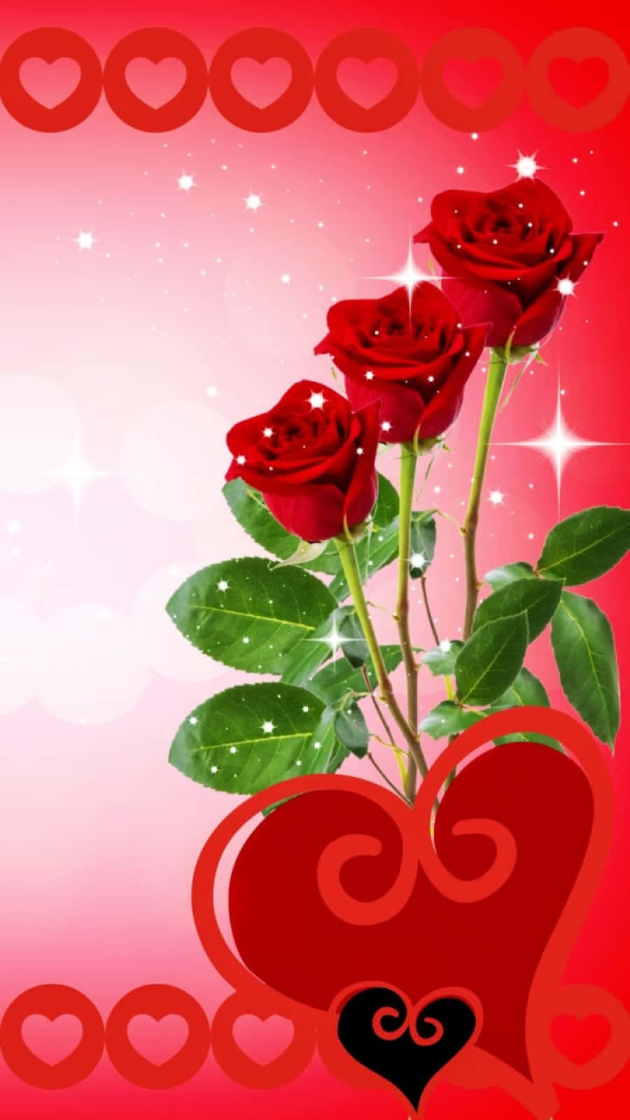 Rose Heart 桌布 壁紙 — 三朵鮮豔的紅玫瑰配綠葉，在點綴著心形和星星的粉紅色漸變背景上閃閃發光。