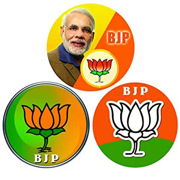三個BJP政治徽章，以橙色、綠色和黃色呈現莫迪肖像和蓮花符號。
