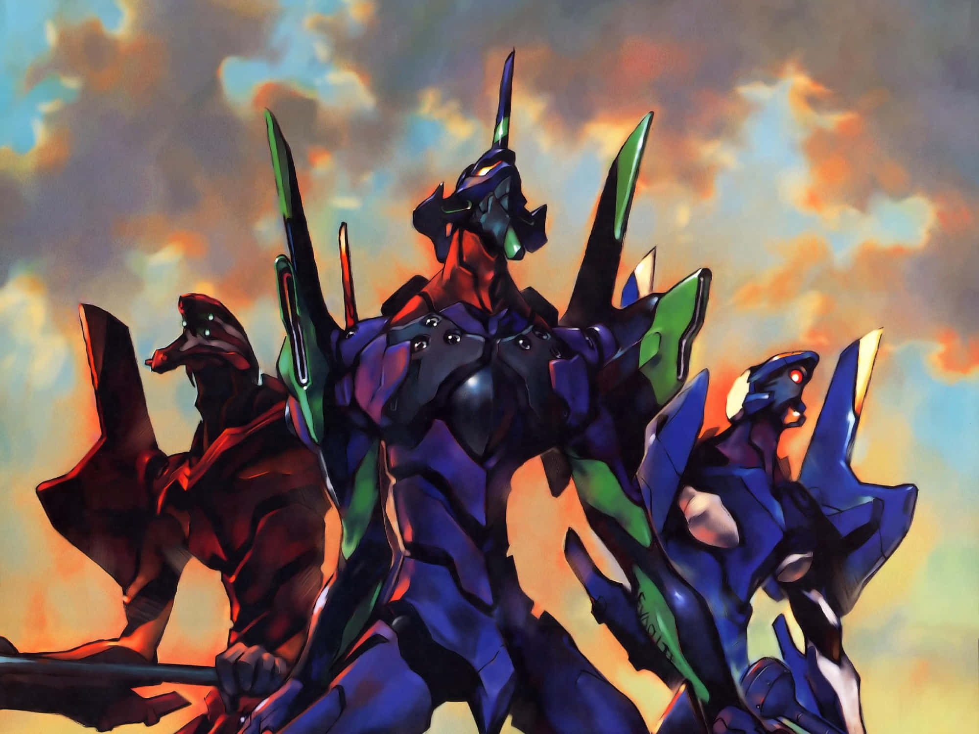 Eva-00 桌布 壁紙 — 三架巨大的生物力學機甲聳立在戲劇性的日落天空中，身後是火紅的橙色雲彩。