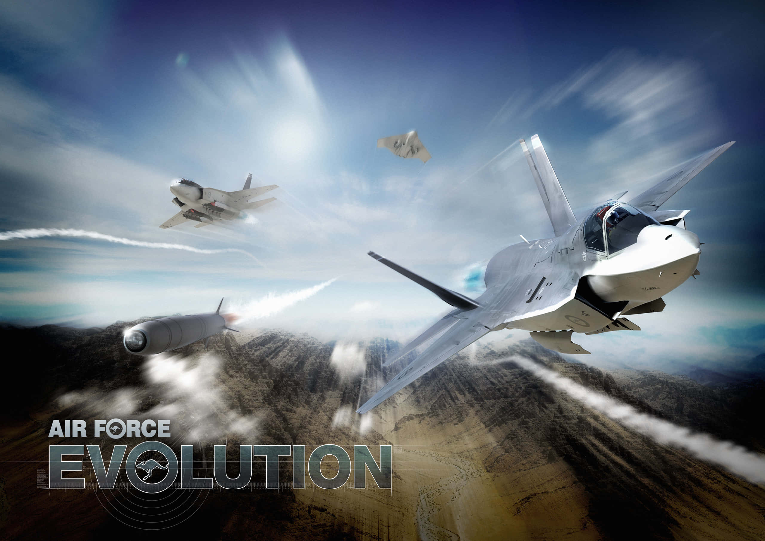 Air Force 桌布 壁紙 — 三架戰鬥機在崎嶇山脈上空劃過動感天空，一枚導彈拖曳著煙霧。