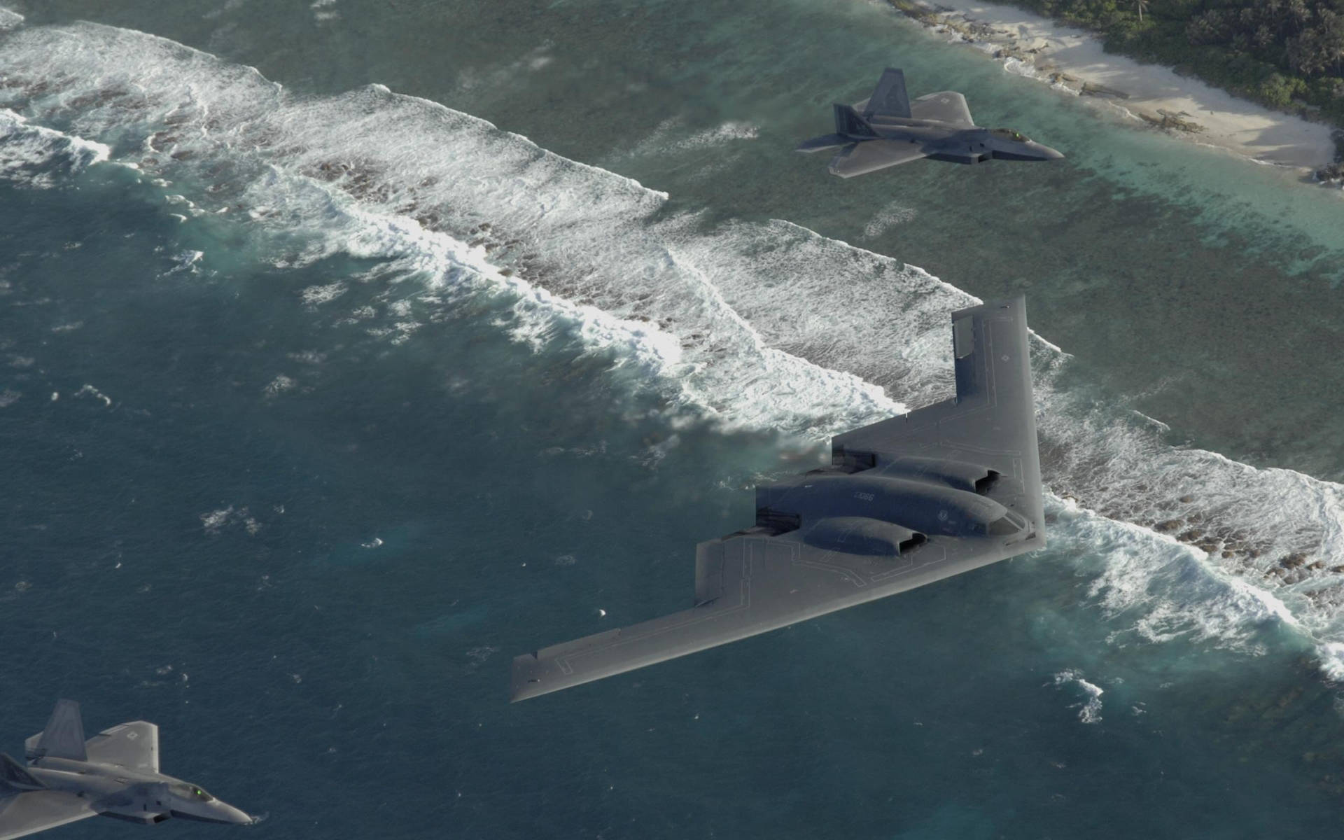 三架戰鬥機在熱帶島嶼附近的海浪上空低空飛行。 — 軍事動圖 壁紙
