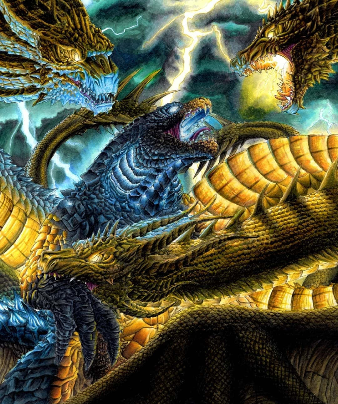 Godzilla Vs King Ghidorah 桌布 壁紙 — 三條巨龍在暴風雨中交戰，閃電照亮牠們的裝甲鱗片和咆哮的嘴巴。