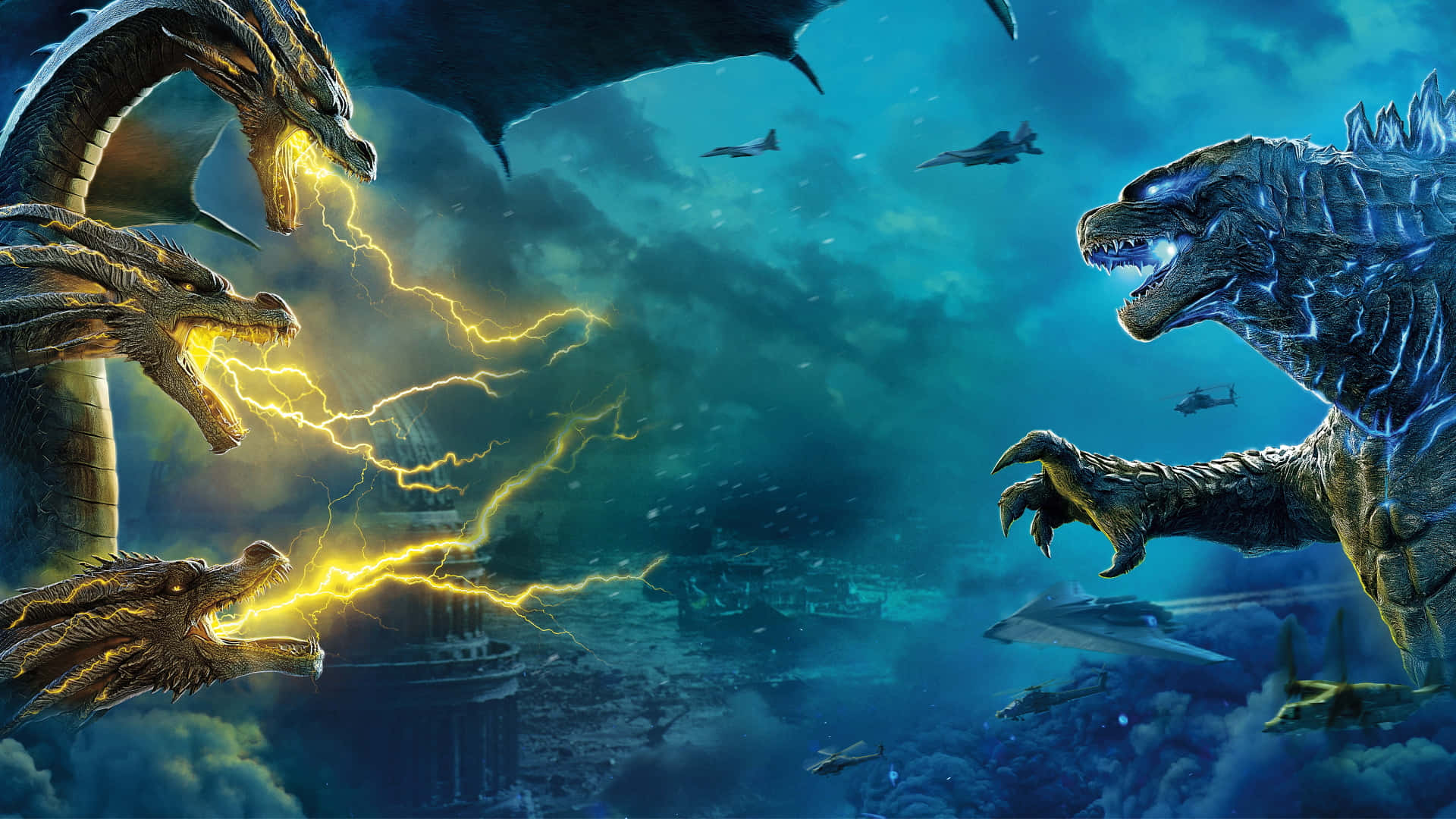 Godzilla City Destruction 桌布 壁紙 — 三條巨龍在風暴天空下的廢墟城市景觀中，對哥斯拉釋放電擊般的怒火。