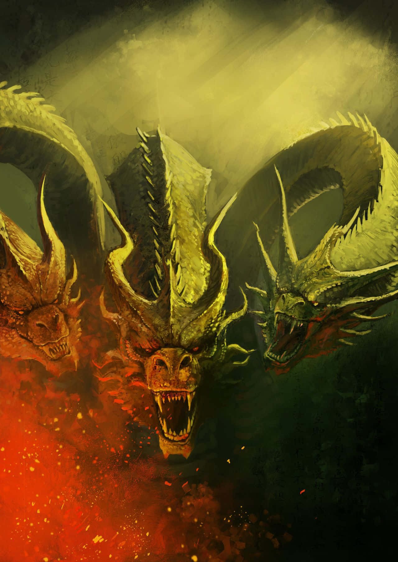 King Ghidorah 桌布 壁紙 — 三條帶有尖刺角和發光眼睛的威嚇龍從火紅色的煙霧中出現，背景為深黃色。