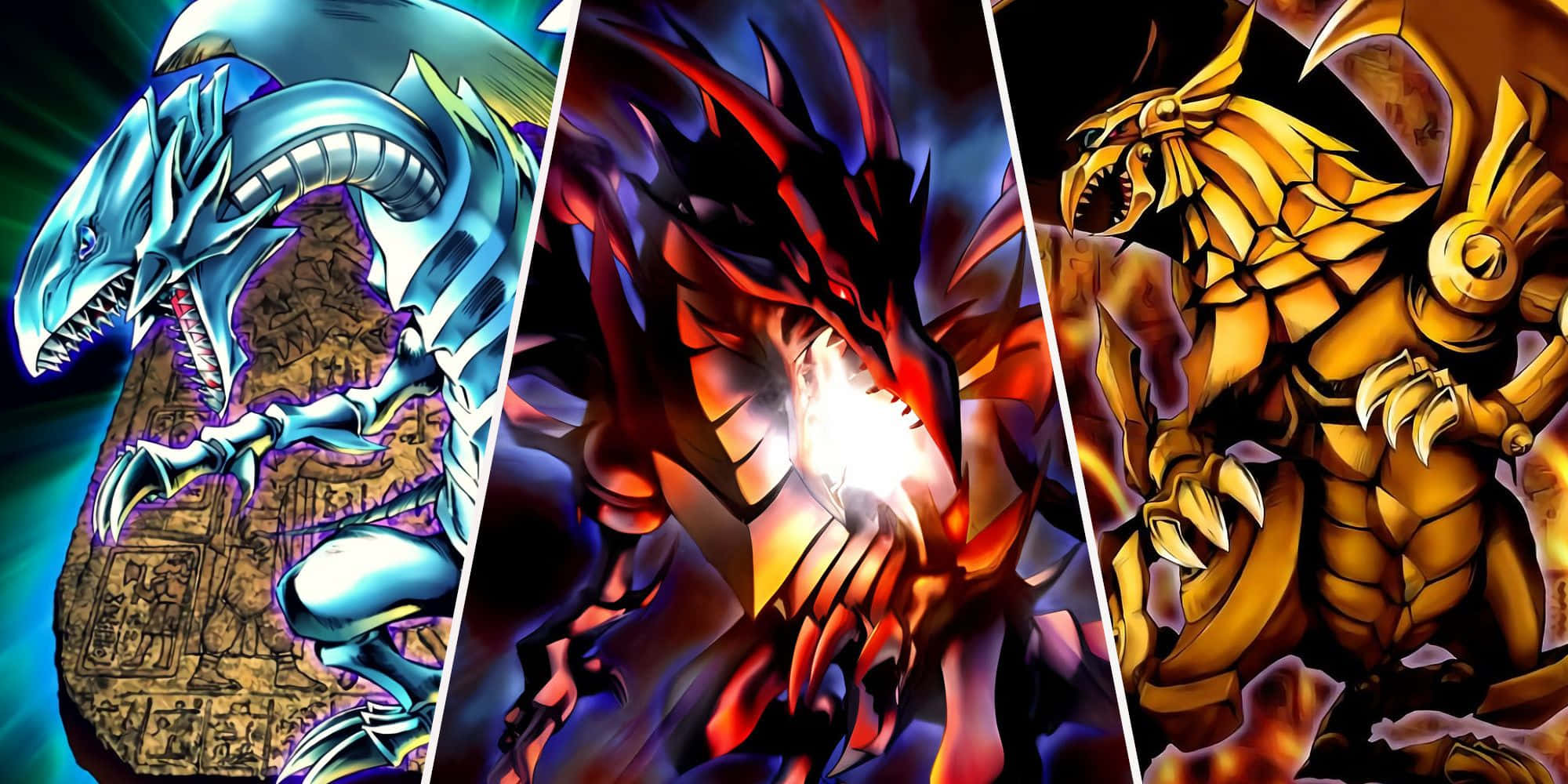The Winged Dragon Of Ra 桌布 壁紙 — 三條強大的動漫龍——藍色、銀色、紅色和金色——在黑暗背景下咆哮著能量。