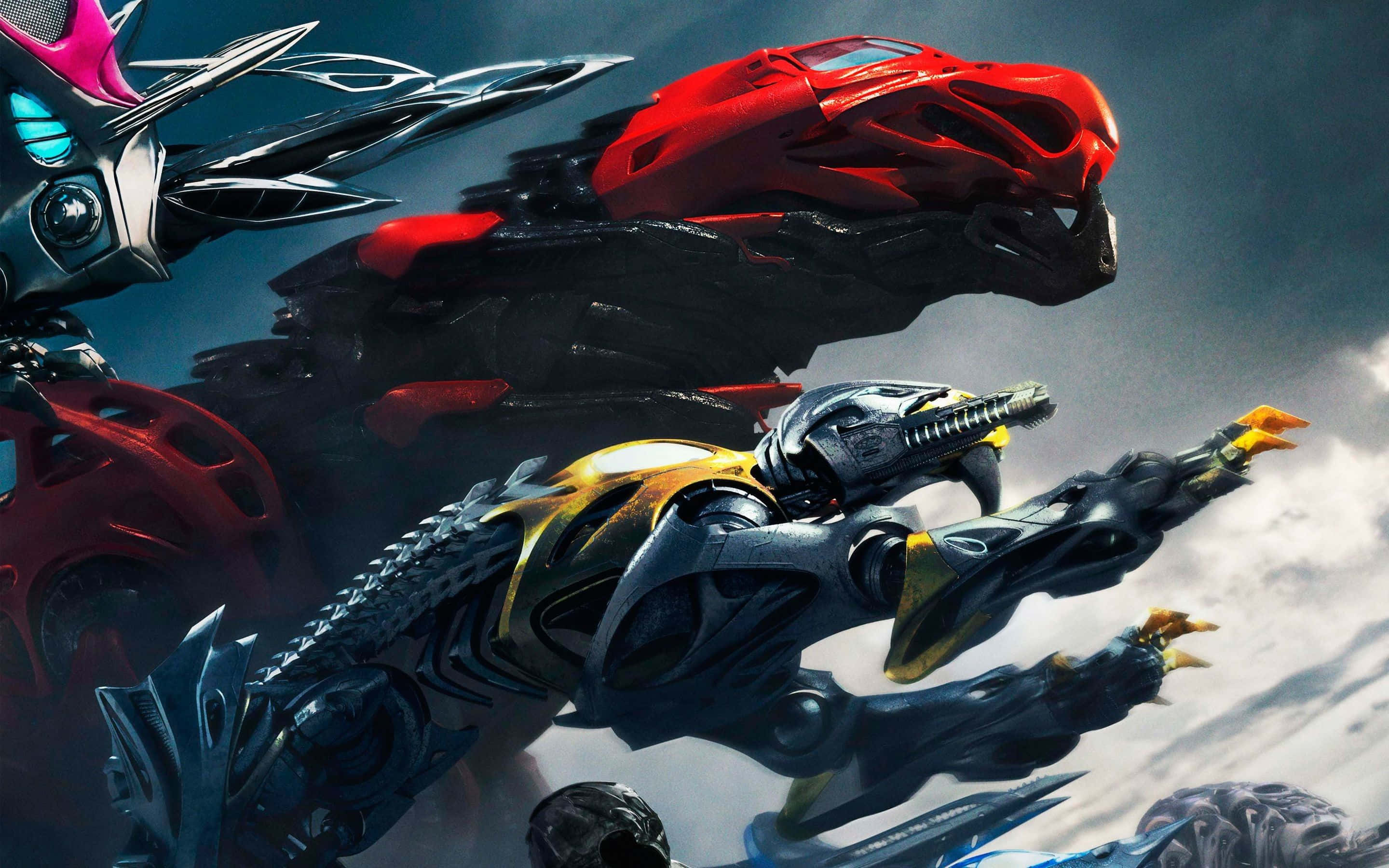 Power Rangers 桌布 壁紙 — 三條時尚的未來機械龍在暴風雨中翱翔，擁有發光的眼睛和鋒利的金屬翅膀。