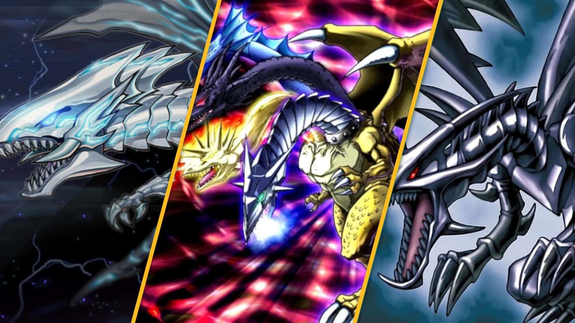 Yugioh Dragons 桌布 壁紙 — 三條風格化的動畫龍在充滿活力的宇宙戰鬥場景中碰撞，帶有電力和火焰能量效果。