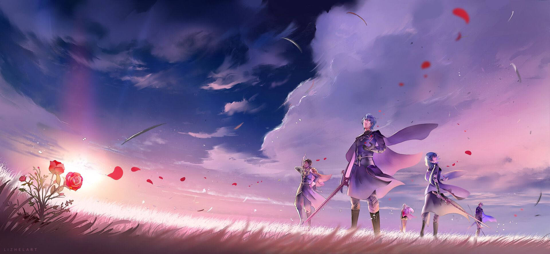 三位身穿飄逸長袍的動漫戰士站在田野中，背景是紫色日落天空，漂浮著紅色花瓣。