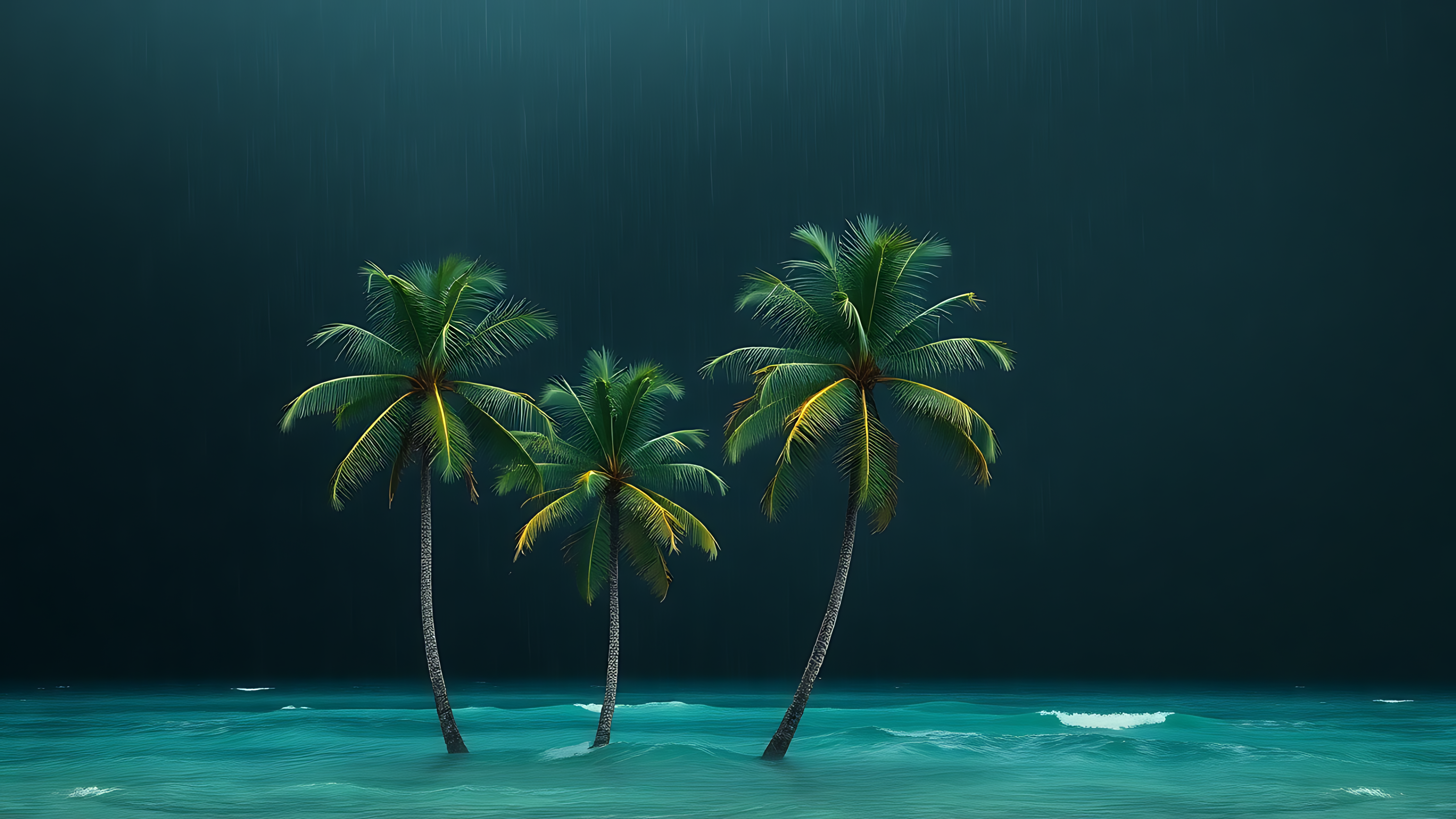 三棵棕櫚樹立於淺藍綠色水中，天空陰雨綿綿，呈現寧靜卻略帶戲劇性的氛圍 壁紙 — 三棵棕櫚樹矗立在碧綠色的海水中，天空陰暗多雨，綠色的樹葉閃閃發光。