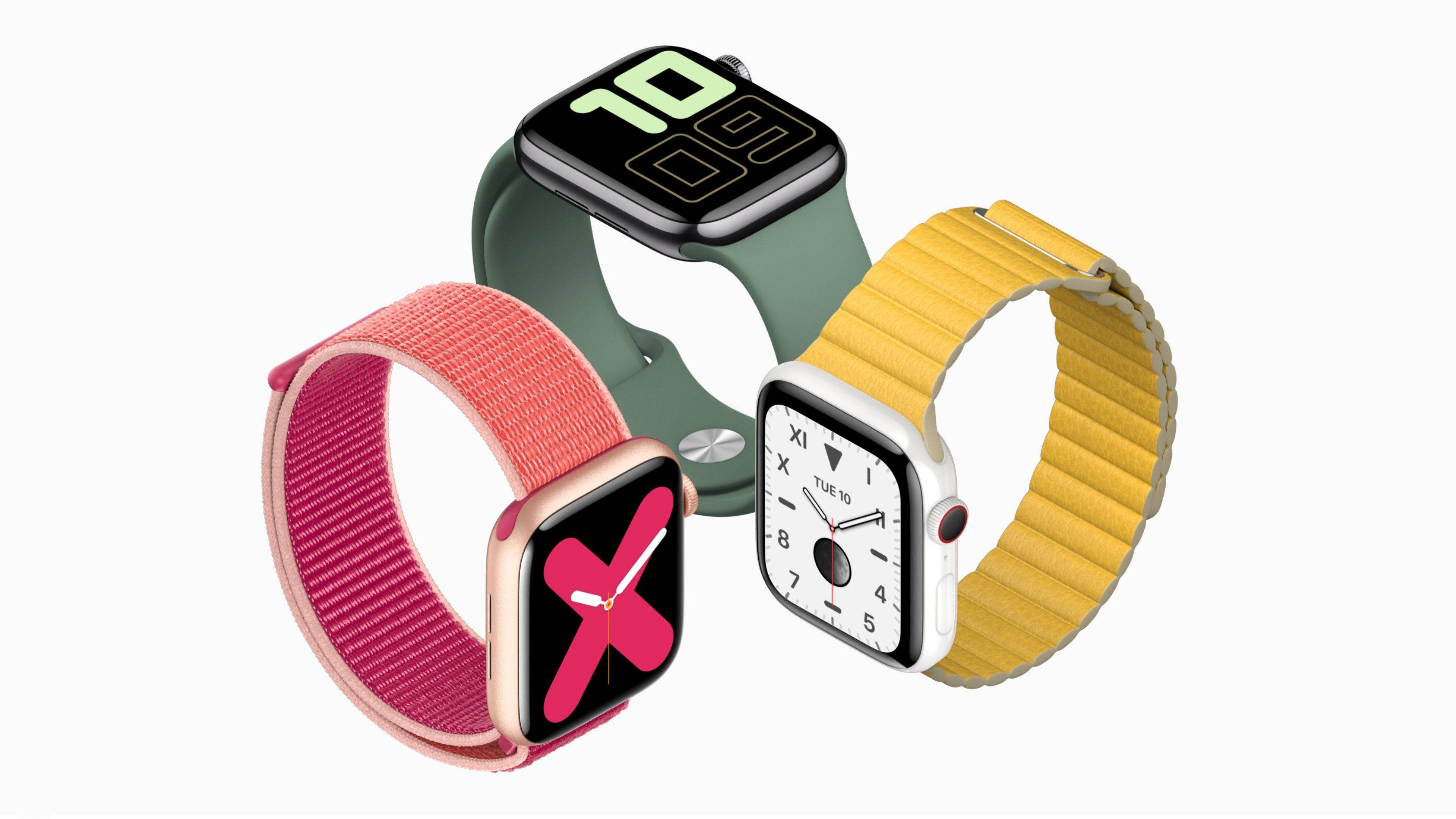 三款不同顏色的 Apple Watch 壁紙 — 三款Apple Watch，配以色彩繽紛的錶帶和獨特的錶面，在潔白的背景上展示。