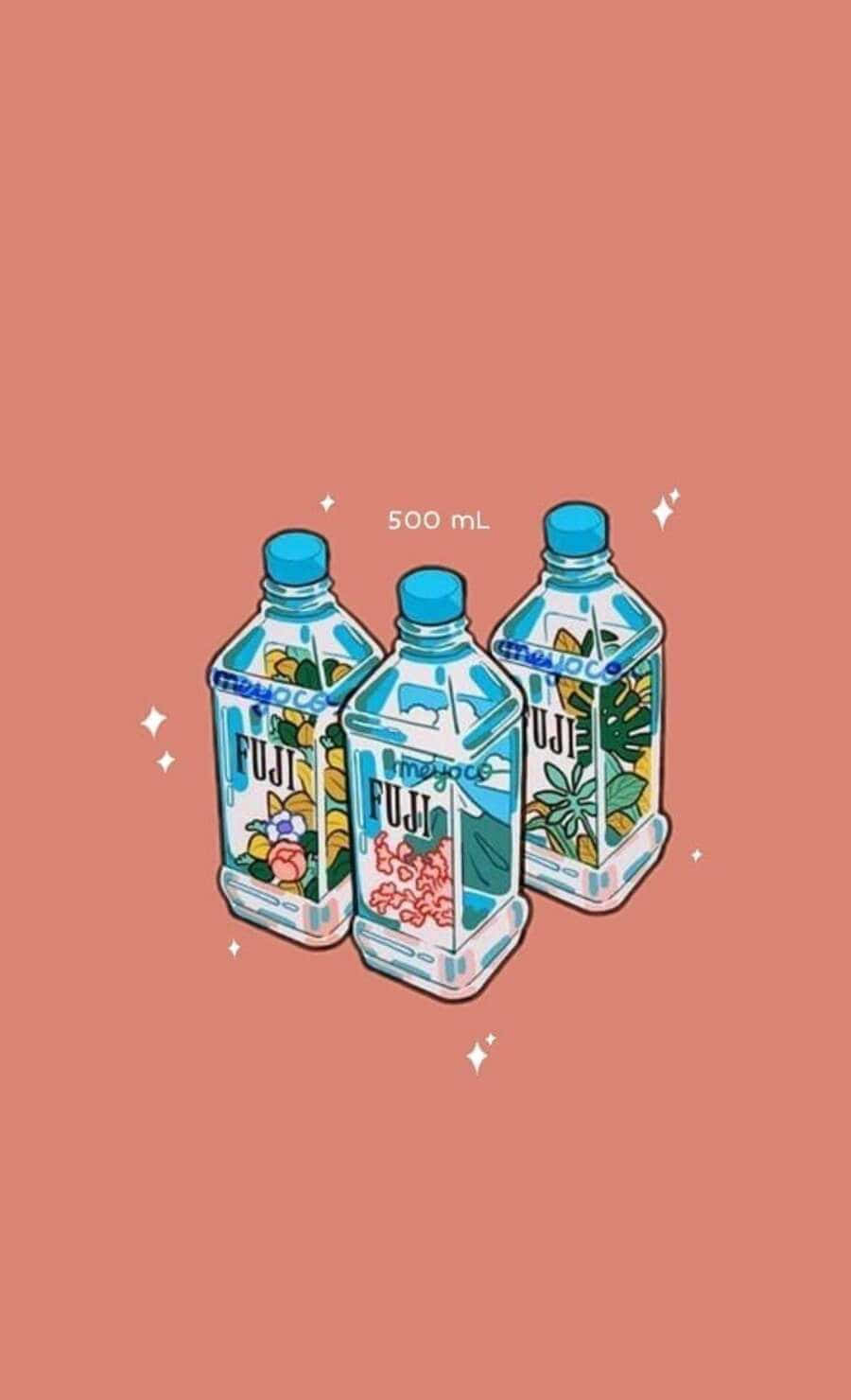 Kpop Kawaii 桌布 壁紙 — 三款插圖風格的富士瓶裝飲品，帶有花卉標籤，在純珊瑚色背景上閃閃發光。