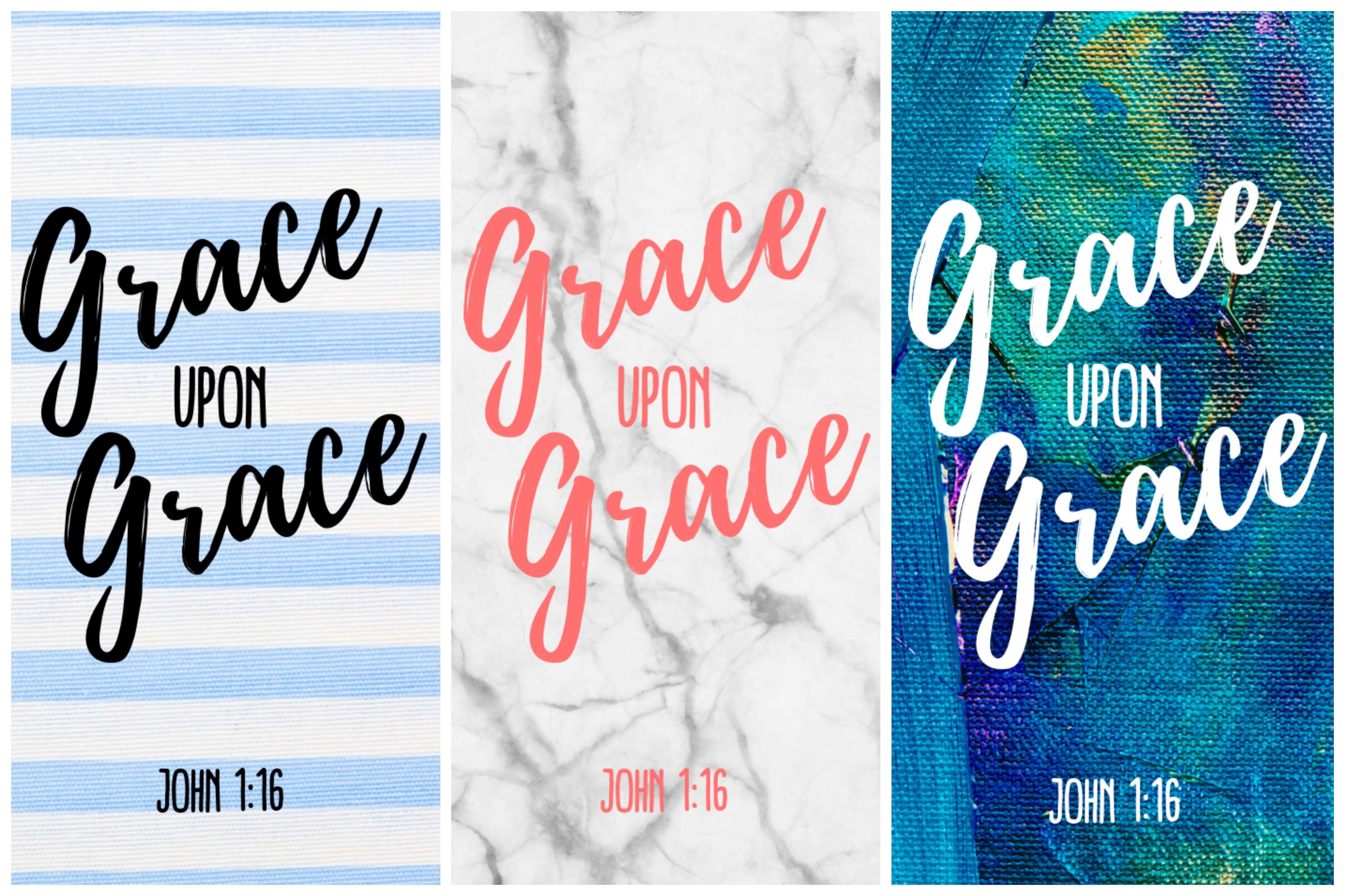 grace 桌布 壁紙 — 三款牆紙設計，每款均以不同字體和背景（包括條紋、大理石和抽象紋理）顯示 Grace Upon Grace 字句，下方引用約翰福音 1:16。